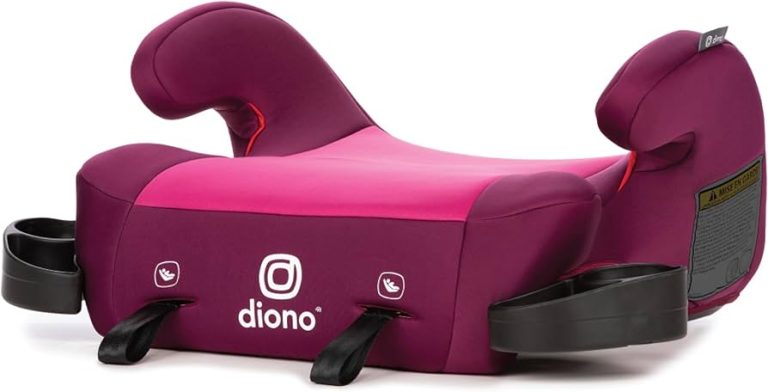 Purple and pink Diono child booster seat with armrests and cup holders on each side, for car use.