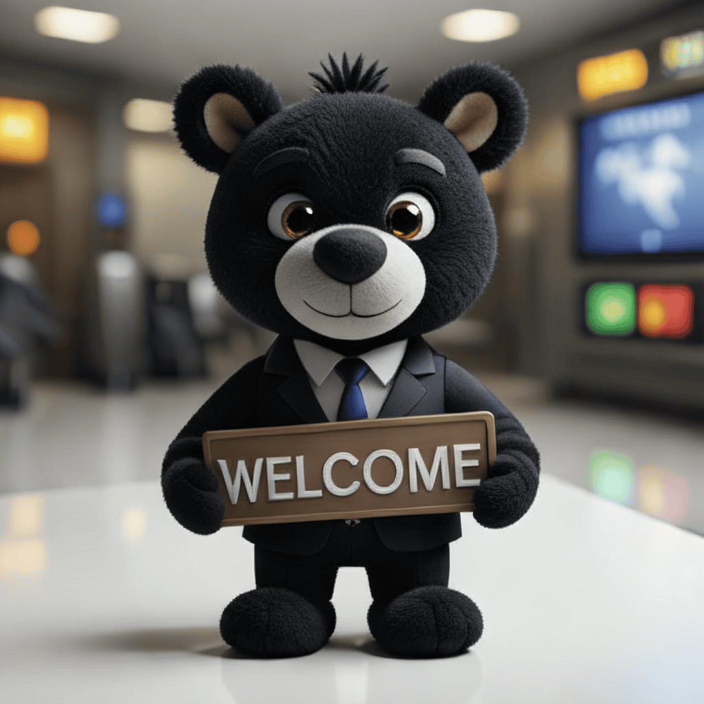 Black bear mascot in a suit holding a 'WELCOME' sign in a bright lobby.