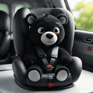 Plush Black Bear Wearing a Car Seat Belt Seated in a Child Car Seat and Facing the Camera